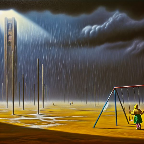 Surrealistisch tafereel van een verlaten speeltuin in noodweer met een kind in gele regenjas dat ondanks extreme weersomstandigheden speelt
