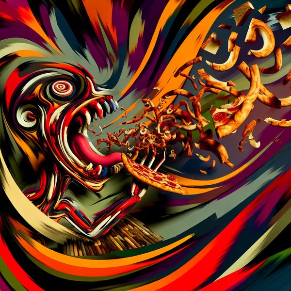 Extreme honger uitgebeeld in abstract expressionisme - taaluitdrukking 'in grote mate' Abstract expressionistisch schilderij van een monsterlijke figuur die een hele pizza verslindt, symbool voor extreme honger en overdaad
