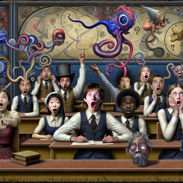 Surrealistisch klaslokaal met verbaasde studenten en een sprekende vrouw, symboliserend extreme verrassing in de stijl van Jheronimus Bosch