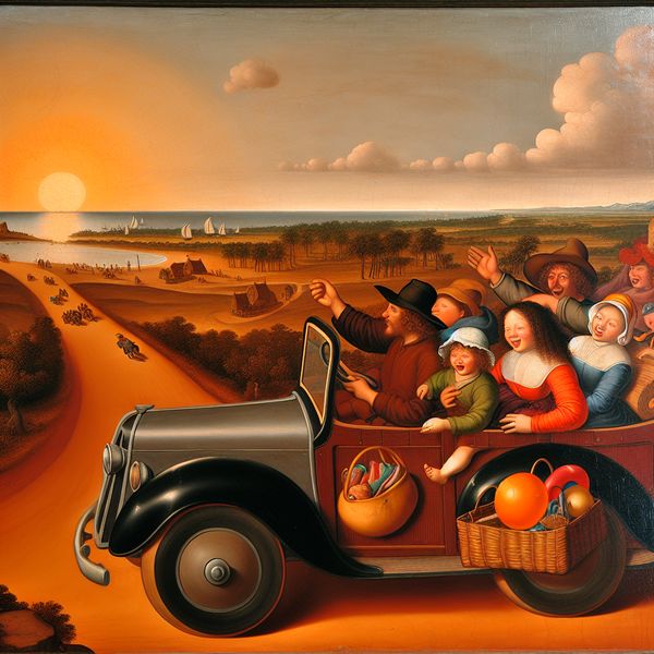 Een familietrip in een vintage auto naar een zonnig strand, met kleurrijke strandspullen zichtbaar.