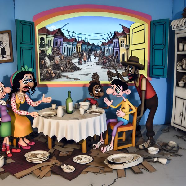 Familie in armoede - cartoonachtige illustratie Cartoonachtige afbeelding van een ontmoedigde maar hoopvolle familie rond een tafel met lege borden en gebroken stoelen, op de achtergrond een sombere straat met bedelaars en verwoeste gebouwen.