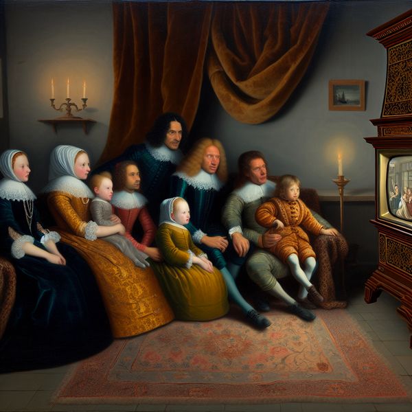 Familie kijkt naar klassieke uitzending op vintage televisie in historische setting 17e-eeuws Nederlands interieur met een familie die naar een vintage televisie uit de jaren 50 kijkt, sfeervol verlicht door kaarsen en met rijke texturen van stoffen en hout