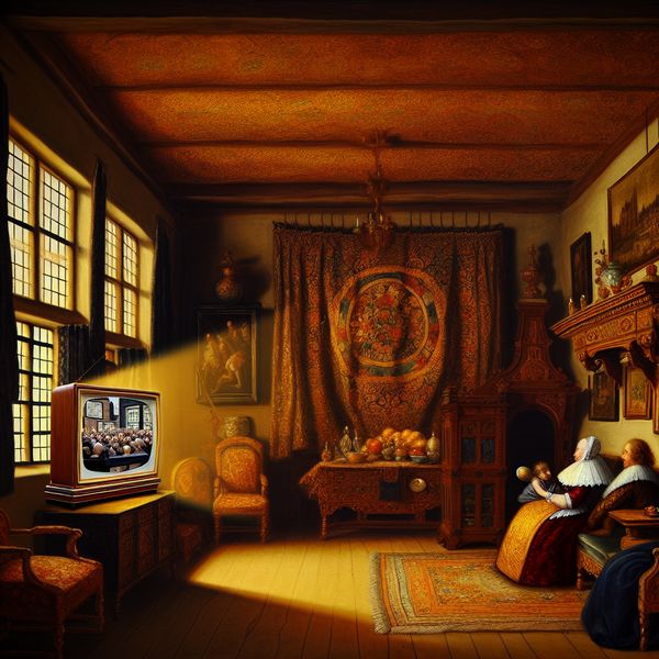 17e-eeuws Hollands interieur met familie kijkend naar een televisie, stijl van Jacob van Ruisdael