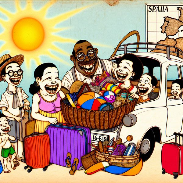 Een cartoonachtige afbeelding van een gelukkige familie die hun auto inpakt voor een zomervakantie naar Spanje, met kleurrijke bagage en strandspullen.