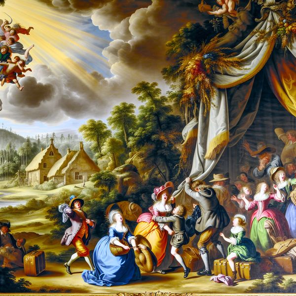Familie Voorbereidingen voor Vakantie in Barokke Stijl Een levendige Barokke scène van een familie die zich voorbereidt op een vakantie op een zonnige dag, met een schilderachtig landschap op de achtergrond.