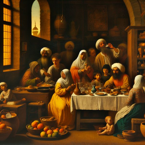 Familie wacht geduldig tijdens Ramadan op zonsondergang om te eten, met een tafel vol eenvoudige maaltijden en een moskee op de achtergrond