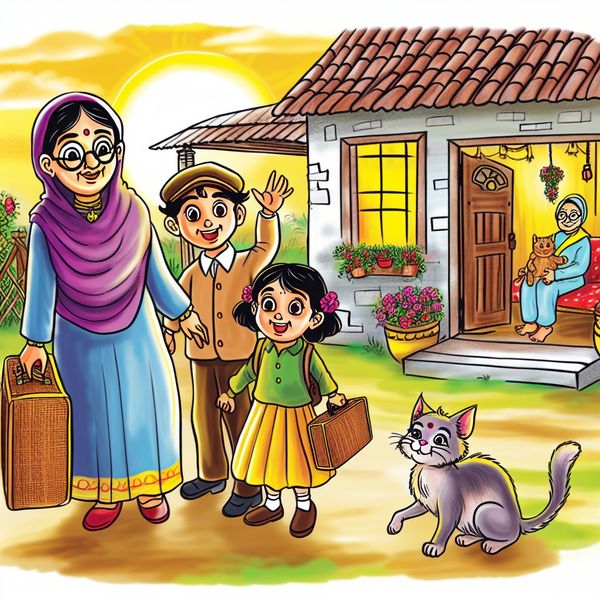 Familie Bezoek aan Oma's Huis in Marten Toonder Stijl Cartoonfamilie arriveert bij oma's huis in het platteland met koffers, gebaseerd op Marten Toonder's stijl