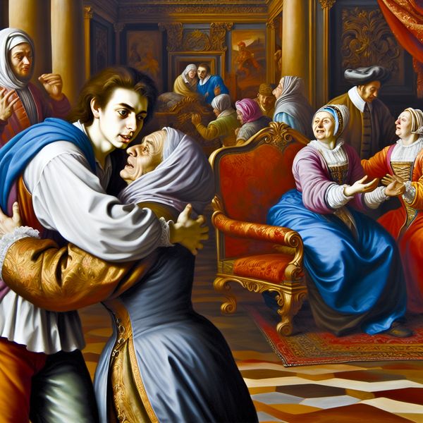 Een warme familiebijeenkomst in Barokstijl, met een jonge man die zijn ouders omarmt in een levendige woonkamer.