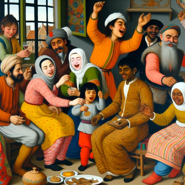 Familiebijeenkomst van Eenheid en Diversiteit Een levendige familiebijeenkomst met een diverse groep mensen die samen plezier maken, eten delen en dansen.
