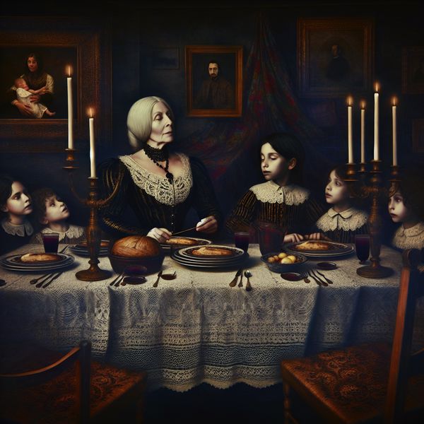 Symbolische familiebijeenkomst met tante: warmte en mysterie in 19e-eeuwse stijl 19e-eeuwse familiebijeenkomst met een mysterieuze tante in een donkere, gotische setting met kaarslicht en fijn porselein