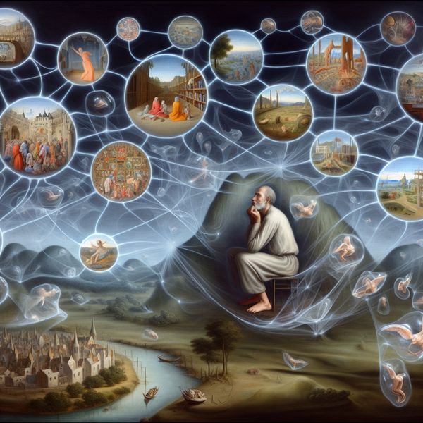 Fantaseren en theoretiseren: surrealistische weergave van nadenken over mogelijkheden Surrealistisch tafereel van een man die nadenkt over mogelijke toekomsten, omringd door zwevende visioenen en glinsterende draden in de stijl van Hieronymus Bosch