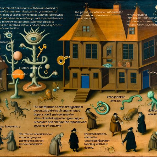 Eigenaar van een fantasiehuis - De betekenis van eigendom Surrealistisch beeld van een fantasiehuis in het midden, omringd door bizarre wezens die aspecten van eigendom symboliseren.
