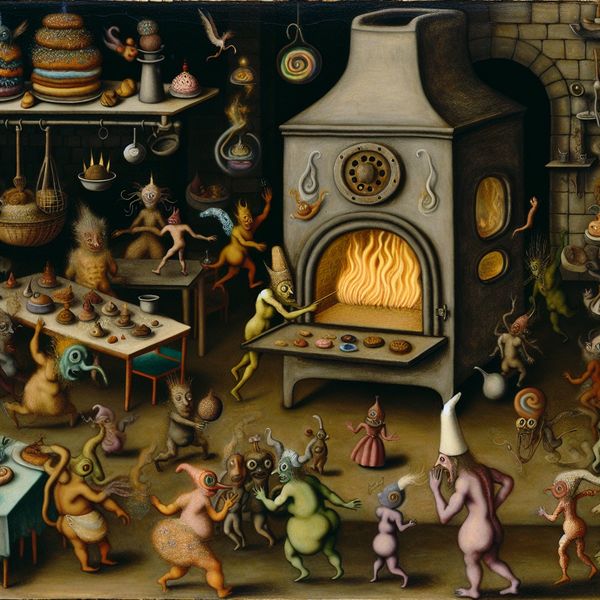 Surrealistische keukenscene met een fantasierijke oven die kleurrijke vlammen en vreemde, gebakken lekkernijen afgeeft, omringd door bizarre wezens die nieuwsgierig de oven inspecteren.