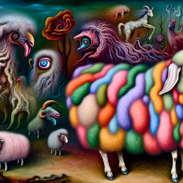 Fantastische dieren met unieke vachtstructuren Een schapen met kleurrijke, pluizige vacht naast bizarre, fantastische dieren en grote bloemen in een surrealistisch landschap.
