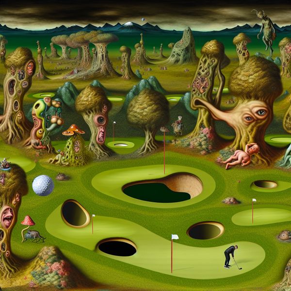 Fantastische golfbaan in surrealistische stijl Surrealistische golfbaan met bizarre wezens die golf spelen in een droomachtige omgeving