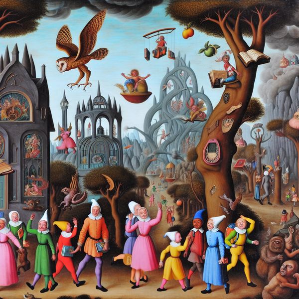 Fantastische schoolsetting geïnspireerd door Hieronymus Bosch Een groep kinderen in kleurrijke kleding betreedt een surrealistische school met vreemde architectonische elementen, zoals vliegende boeken en bomen die eruit zien als educatieve gereedschappen.