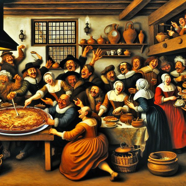 Favoriete gerecht: Nederlandse keukenscène met lasagne in Jan Steen-stijl Gezellige Nederlandse keukenscène in de stijl van Jan Steen met een groep mensen die geniet van een dampende lasagne als favoriete gerecht