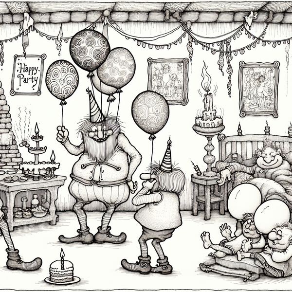 Vrolijke cartoonfeestsetting met beperkte gasten Voorstelling van een feestelijk cartoonmoment met een paar blije personages, waaronder iemand die ballonnen joggelt en iemand die kaarsjes uitblowt op een klein taartje in een versierde kamer.