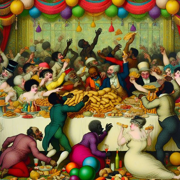 Levendige feestscène met jongeren en snacks Een kleurrijke feestscène met jonge mensen die genieten van een buffet vol snacks en chips.