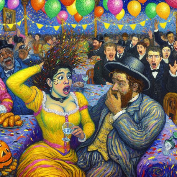 Een persoon die tijdens een feest per ongeluk een drankje morst op een andere gast, omringd door kleurige ballonnen en confetti.