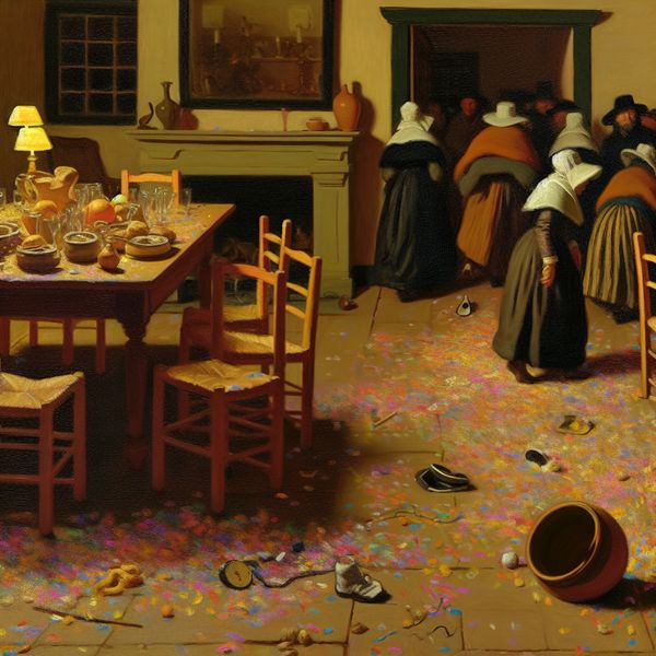 Afgelopen feest in barokstijl: het moment dat de pret voorbij is Levendige feestscène in de stijl van Frans Hals met confetti, halflege glazen en mensen die vertrekken, het moment dat het feest voorbij is