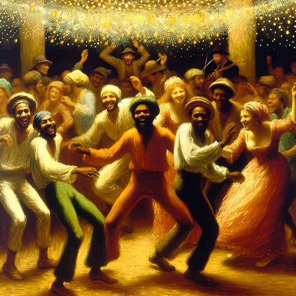 Vrolijke Feestscène met Diverse Mensen en Kleurrijke Verlichting Groep diverse mensen danst vrolijk onder kleurrijke lichten op een feest.