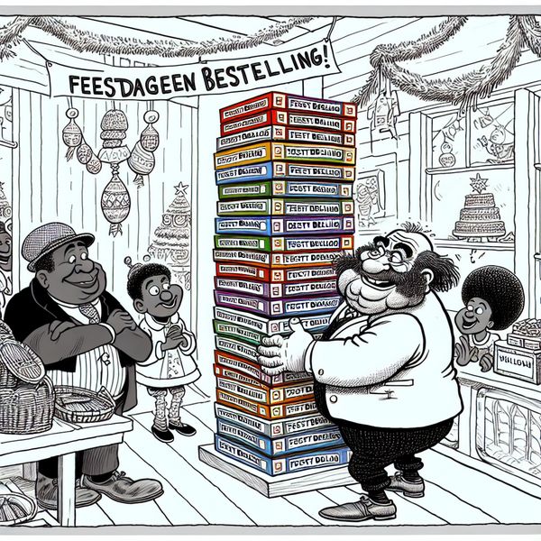 Een cartooneske winkel met een opstapeling van kleurrijke dozen voor feestdagenbestellingen, met een vrolijke winkelier en blije klanten.