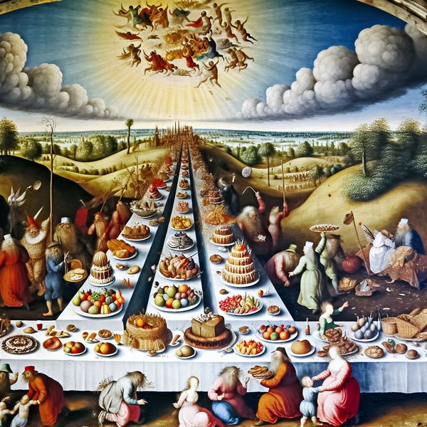 Feestelijk landschap met overvloed aan heerlijk eten Een prachtig landschap met een feestelijke tafel vol lekkernijen zoals taarten en fruit, omringd door blij mensen die samen genieten van het feest.