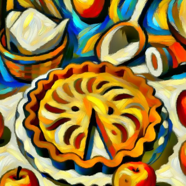 Feestelijke abstracte appelgebak compositie Vibrante abstracte compositie met een appelgebak in het midden, omringd door kleurrijke ingrediënten zoals appels en bloem.