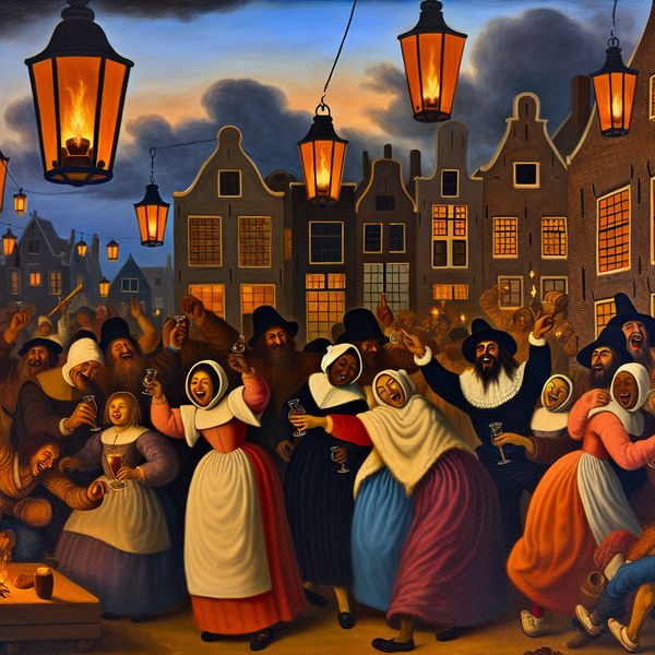 Een levendige avond in een Nederlandse stad met mensen die samen vieren onder hangende lantaarns.