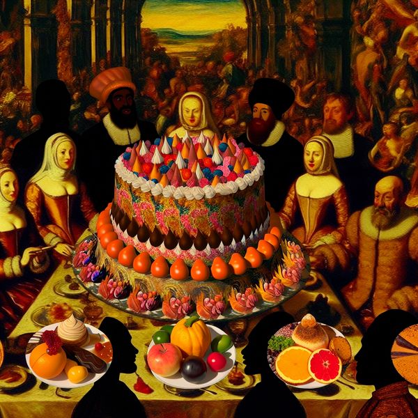 Een feestelijke desserttafel met een rijk versierde cake in het midden, omringd door elegant geklede mensen die de cake bewonderen.