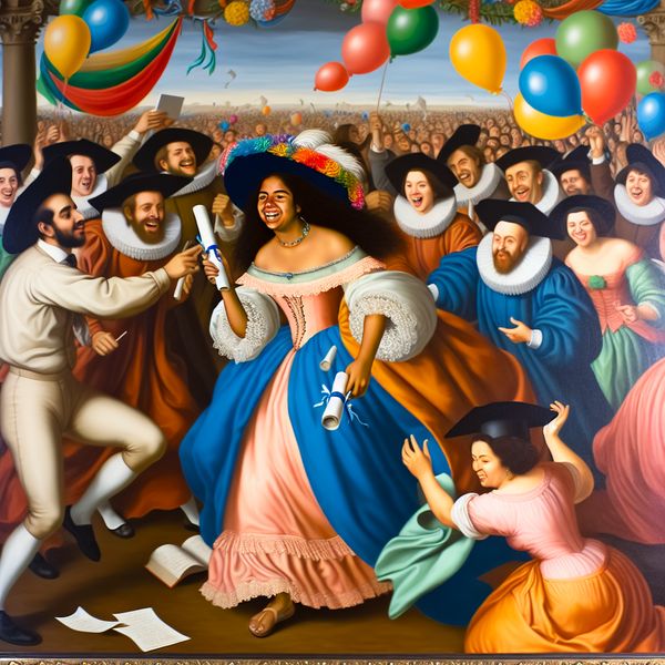 Feestelijke diploma-uitreiking in barokstijl Een jongedame houdt vrolijk haar diploma vast, omringd door vrienden en familie in een feestelijke barokke setting met ballonnen.