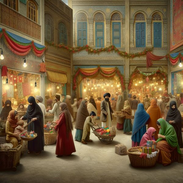 Feestelijke drukte in de stad - Anton Pieck stijl Drukke stadsscene met een winkel vol klanten tijdens de feestdagen in een stijl geïnspireerd door Anton Pieck.