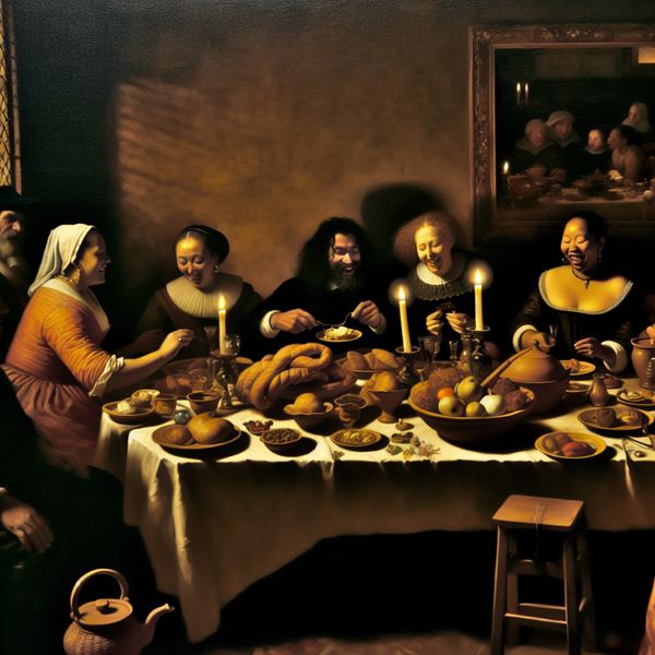 Een feestelijk gedekte tafel met een verscheidenheid aan heerlijke gerechten en lachende gasten in een sfeervolle setting.