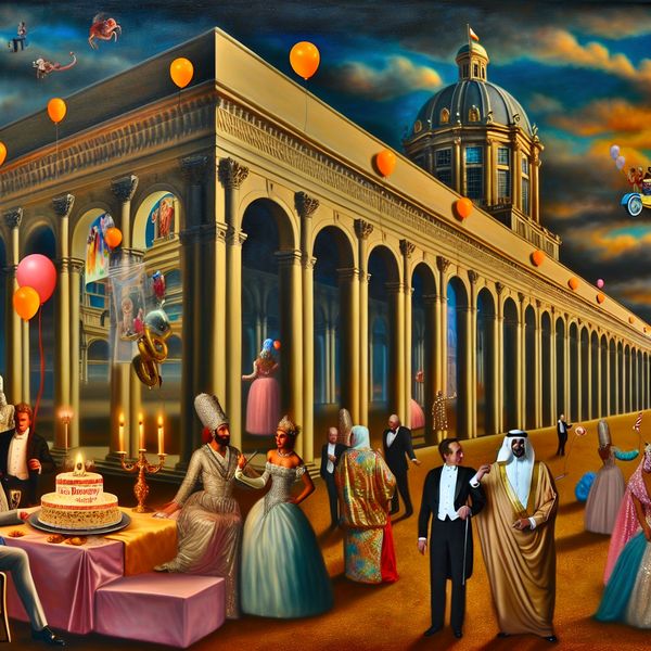 Een hyperrealistisch tafereel van een groot gebouw met feestelijke versieringen en een levendig verjaardagsfeest.
