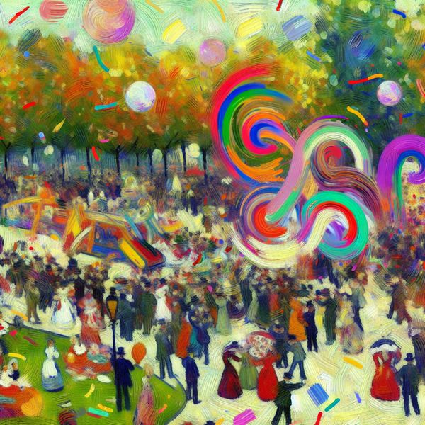 Feestelijke Gelegenheid in Abstracte Expressie Abstract expressionistisch schilderij van een feestelijke gelegenheid met mensen die dansen en lachen in een kleurrijk park.