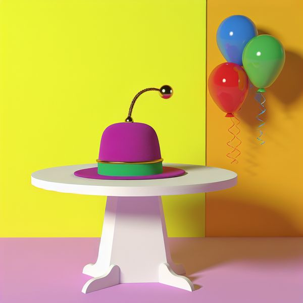 Feestelijke hoed met antenne voor party decoratie Een kleurrijke, stijlvolle hoed met een decoratieve antenne op een tafel, omringd door ballonnen en een slinger, voor een feestelijke sfeer.