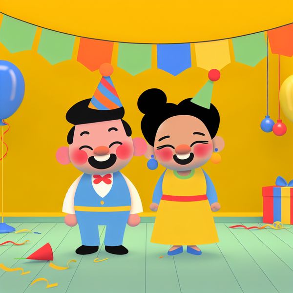Twee cartoonachtige personages, een man en een vrouw, in feestkleding, omringd door kleurrijke versieringen en ballonnen.
