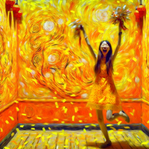 Vrolijke scène in een kamer met een fel oranje muur, een persoon viert met confetti.