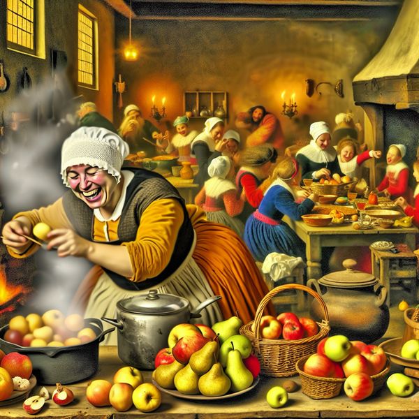 Een vrolijke kokkin bereidt een feestelijke maaltijd in een drukke keuken, omringd door kleurrijke vruchten en een familie die samenkomt.