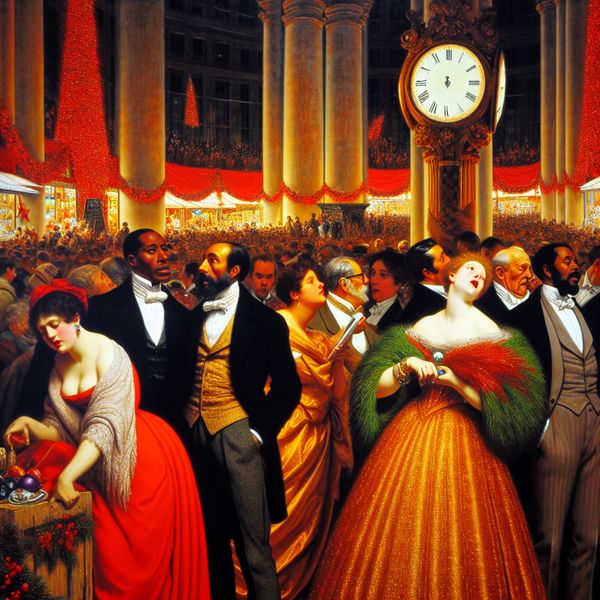 Feestelijke Markt met Kloktoren en Langdurige Wachttijden Een levendige feestelijke markt met elegant geklede mensen die gefrustreerd naar een kloktoren kijken, symboliserend de lange wachttijden tijdens de feestdagen.