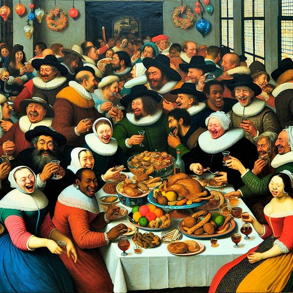 Vibrante Feestscène met Overvloedige Tafel vol Voedsel Feestelijke scène met een grote tafel vol verschillende soorten voedsel en blije mensen die samen genieten van het feest.
