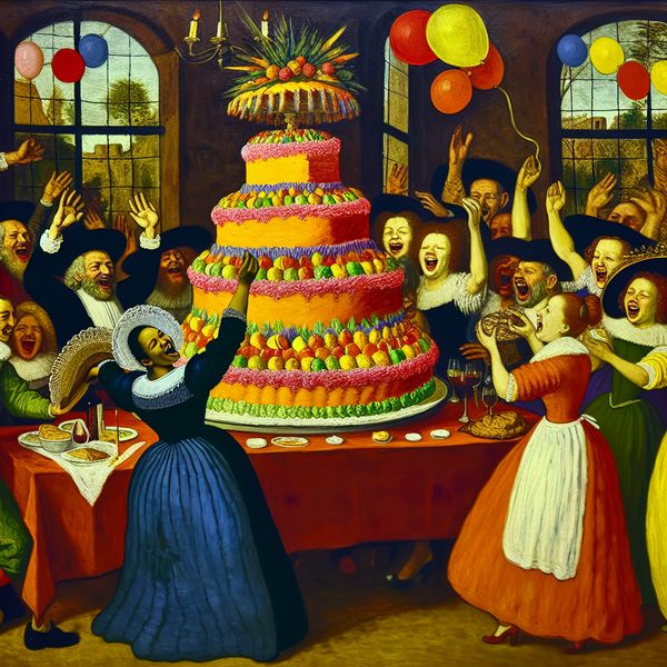 Feestelijke Taartpresentatie voor Verjaardag of Bruiloft Vrolijke feestvierders rond een prachtig versierde tafel met een meerlaagse taart op een speciale gelegenheid.