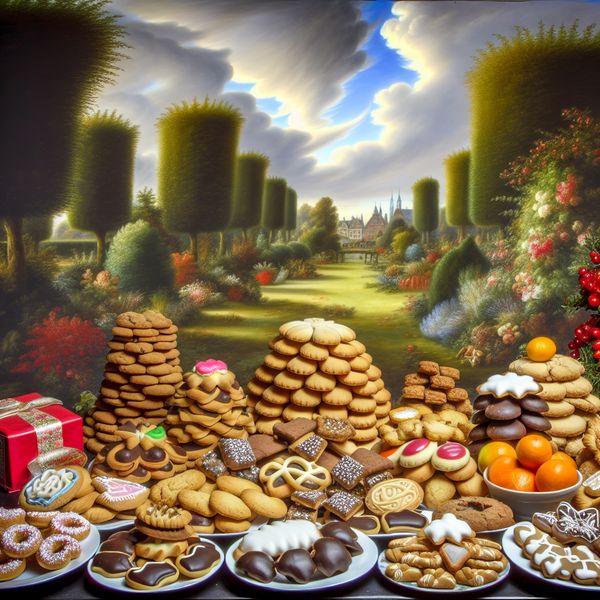 Feestelijke tafel met diverse koekjes in een weelderige tuin Een prachtig gedekte tafel met een verscheidenheid aan koekjes op een feestelijke viering, met verschillende kleuren en vormen.