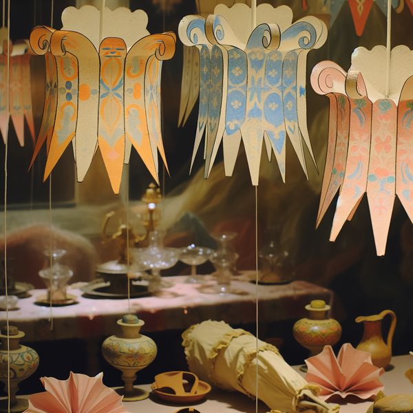 Feestelijke Verjaardagsdecoratie met Bongs Kleurrijke en prachtig ontworpen bongs hangen aan het plafond van een feestelijke verjaardagspartij, met een elegante sfeer en zachte kleuren.