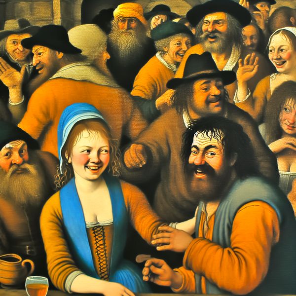 Levende feestsfeer met vrienden en familie Een levendige en grappige scène van een feestje met vrienden en familie, waarbij een man wordt aangesproken door een enthousiaste vrouw.