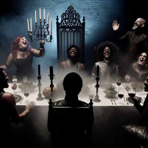 Feesttafel met een gevoel van uitsluiting en intrige Elegante feesttafel met een ongebruikte stoel in mist, symboliseert uitsluiting tijdens een feestelijke gelegenheid.