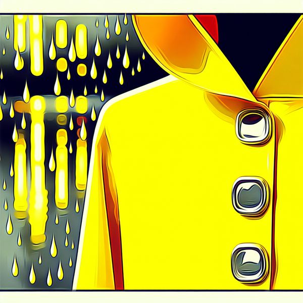 Geel kleur illustratie: retro regenjas met regendruppels voor taalonderwijs Felgele regenjas met glinsterende regendruppels in retro-futuristische stijl, illustratie van de kleur geel