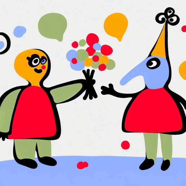 Felicitatie-afbeelding met bloemen en confetti voor speciale gelegenheden Twee vrolijke cartoonfiguren die elkaar feliciteren met een kleurrijk boeket bloemen en feestelijke versiering