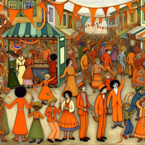 Feestelijke Straatscène met Oranje Thema Vrolijke straat tijdens feestdag met mensen in oranje outfits en kites.